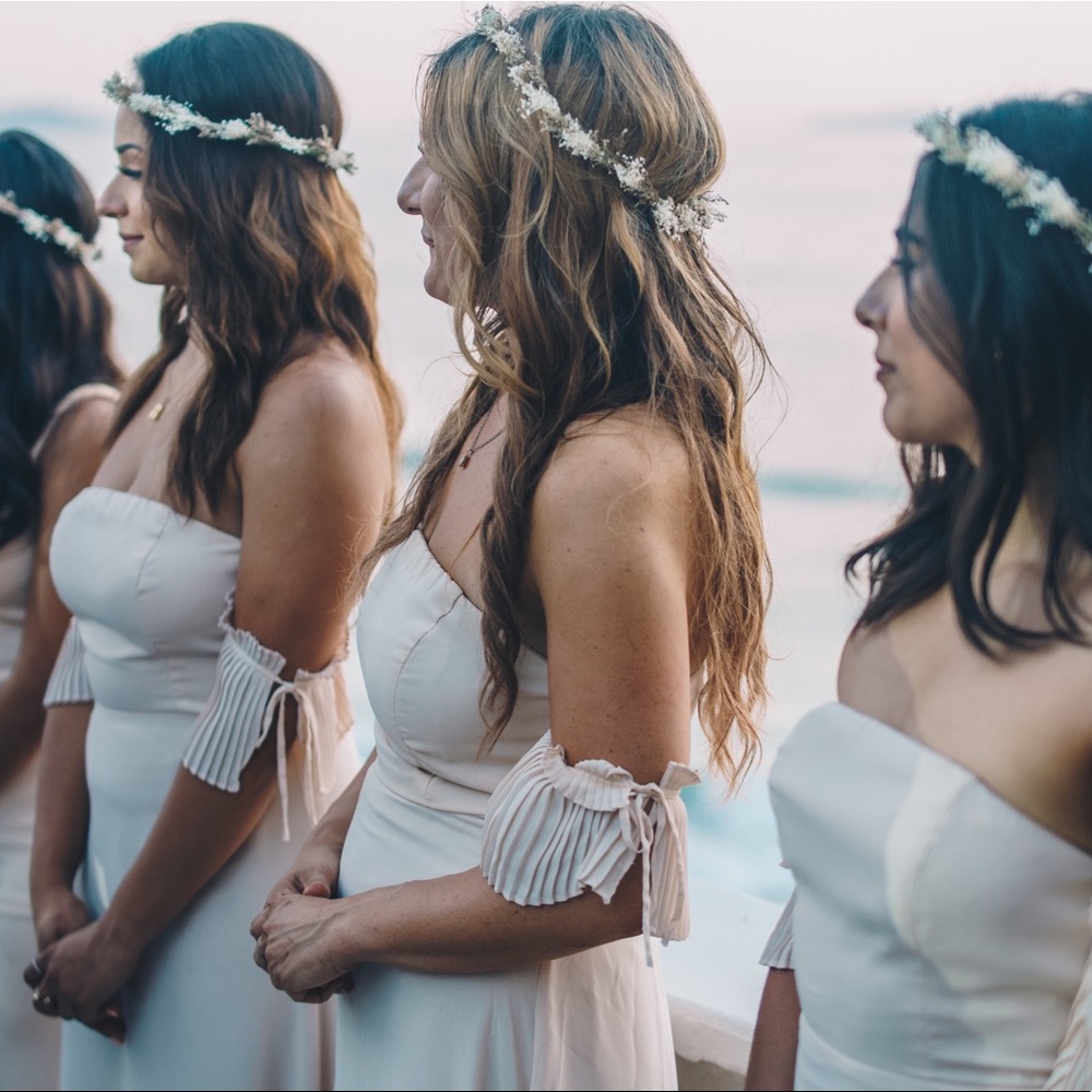 Long off shoulders wedding dress in light blush